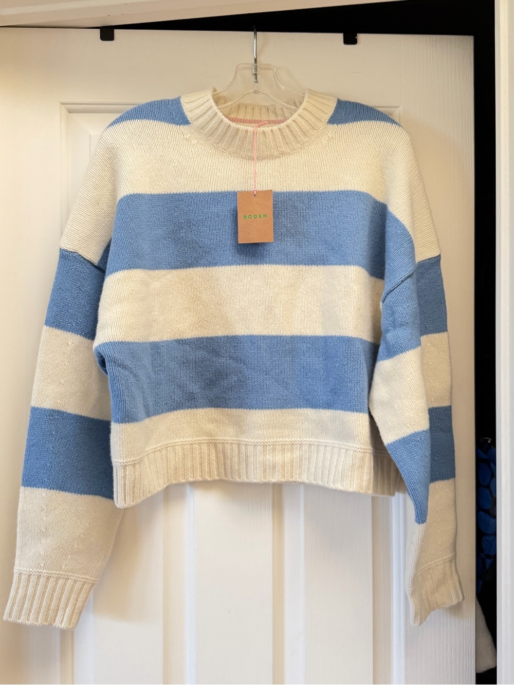 Boden Wool Light Blue and Cream Wide-Strip Crew Sweater